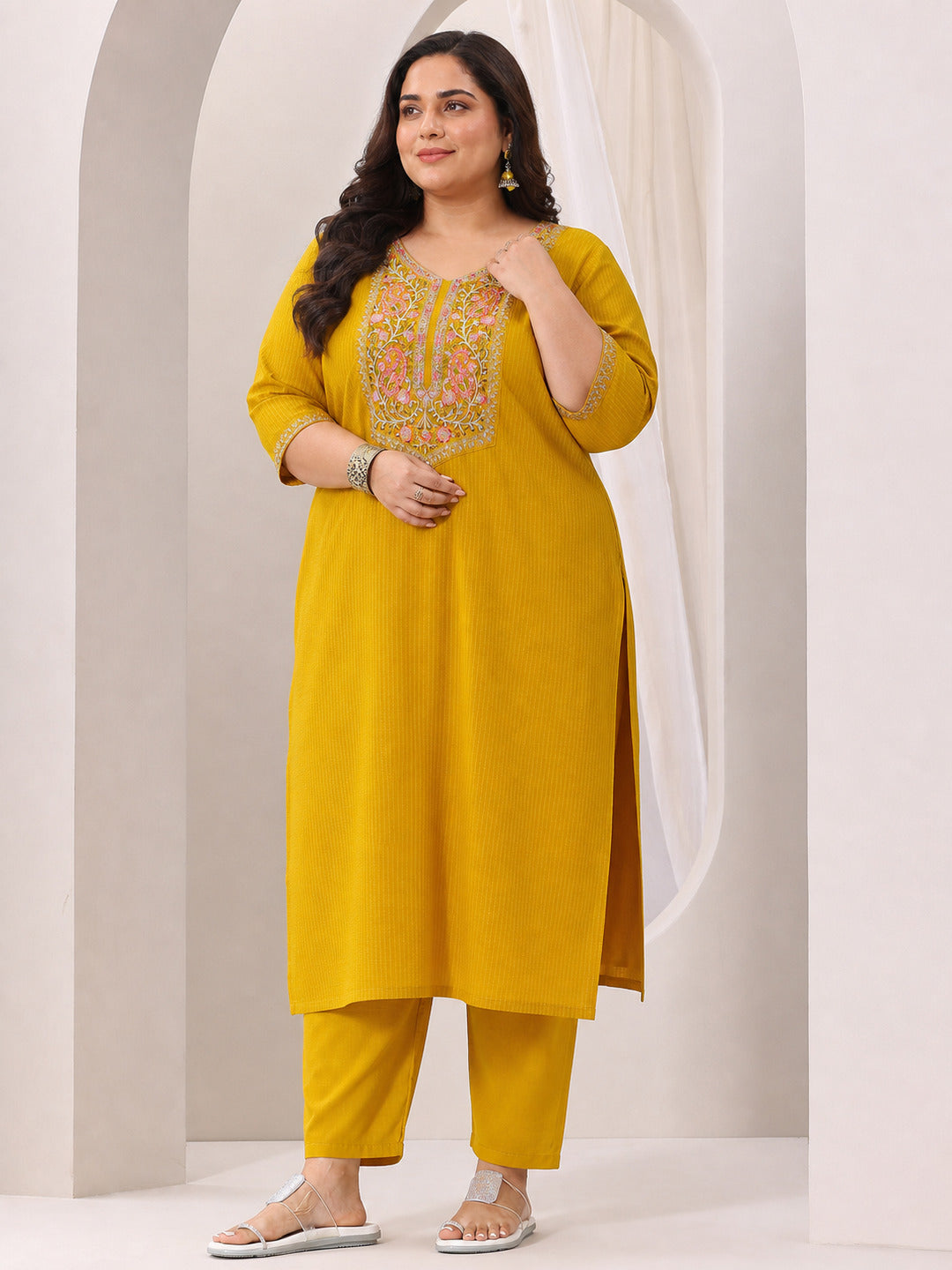 Plus Size Yellow Yoke Design Silk Blend Straight Suit Set With Dupatta