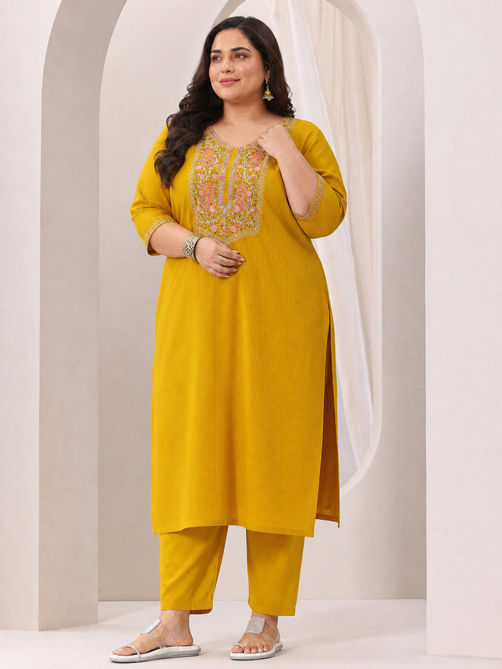 Plus Size Yellow Yoke Design Silk Blend Straight Suit Set With Dupatta