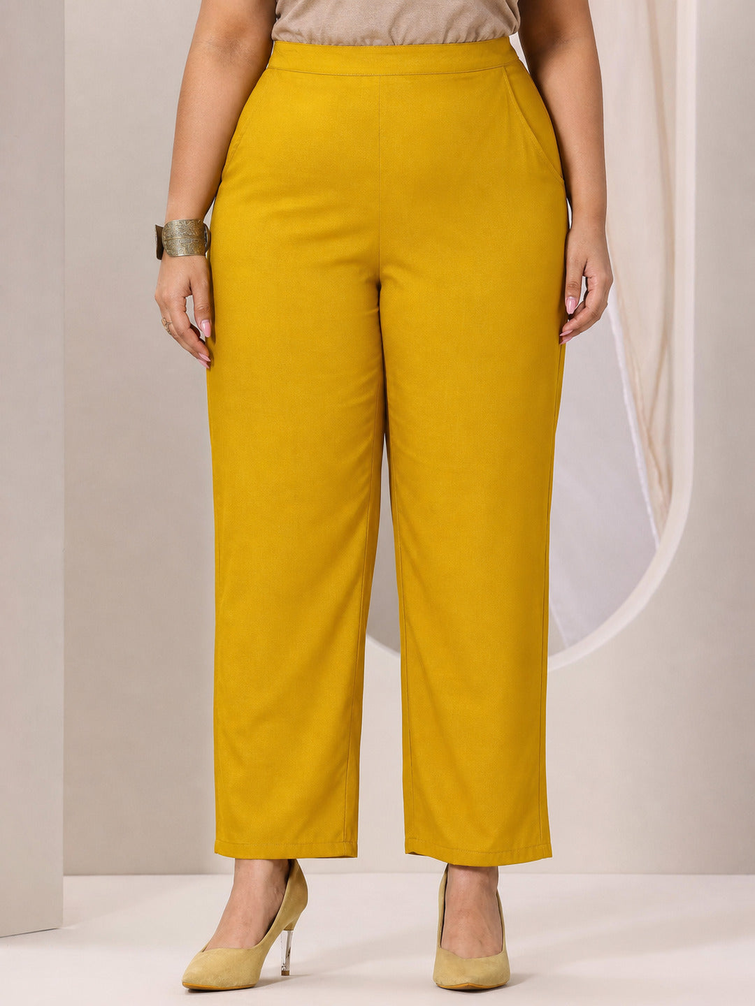 Plus Size Yellow Yoke Design Silk Blend Straight Suit Set With Dupatta