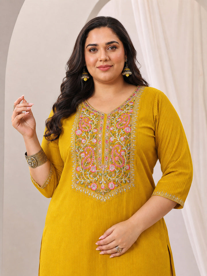 Plus Size Yellow Yoke Design Silk Blend Straight Suit Set With Dupatta