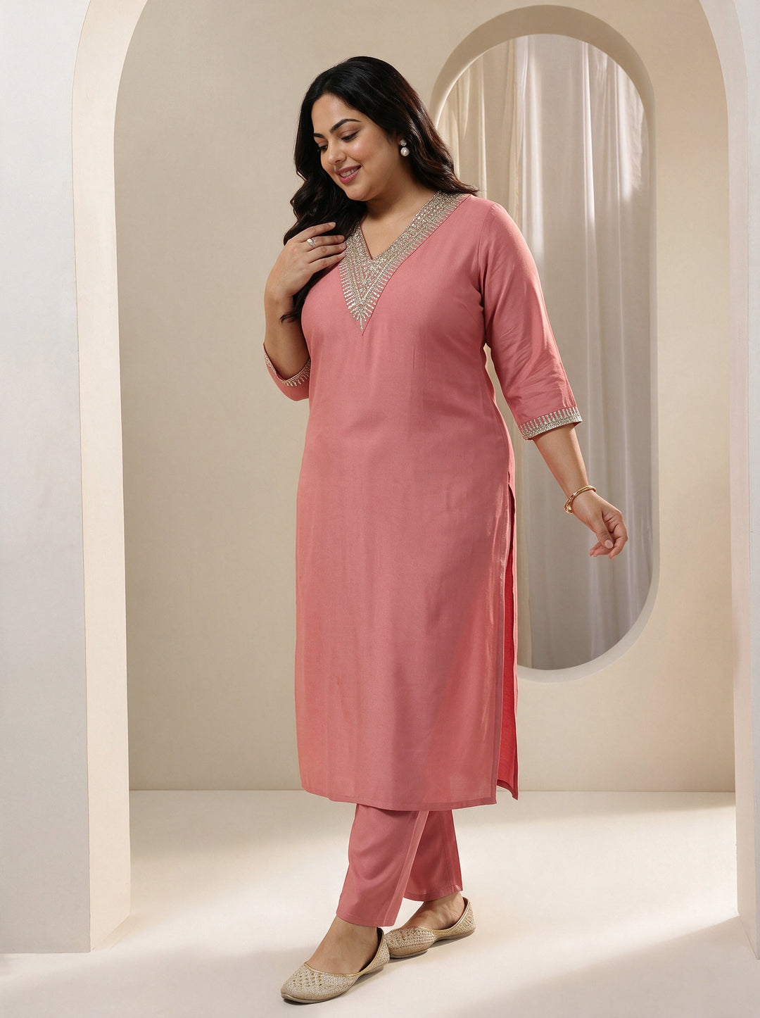 Plus Size Peach Yoke Design Embellished Silk Blend Straight Suit Set
