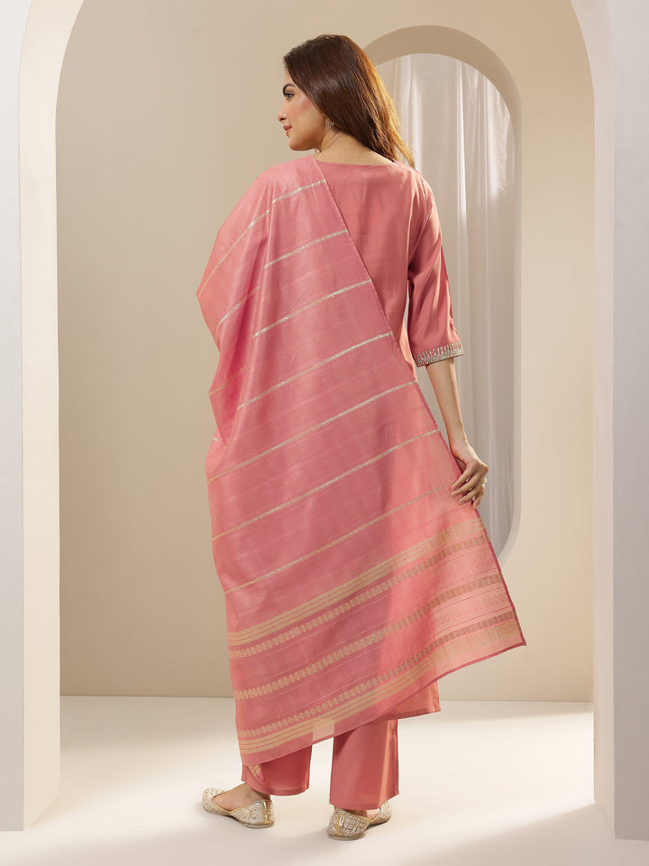 Peach Embroidered Silk Blend Straight Suit Sets With Dupatta