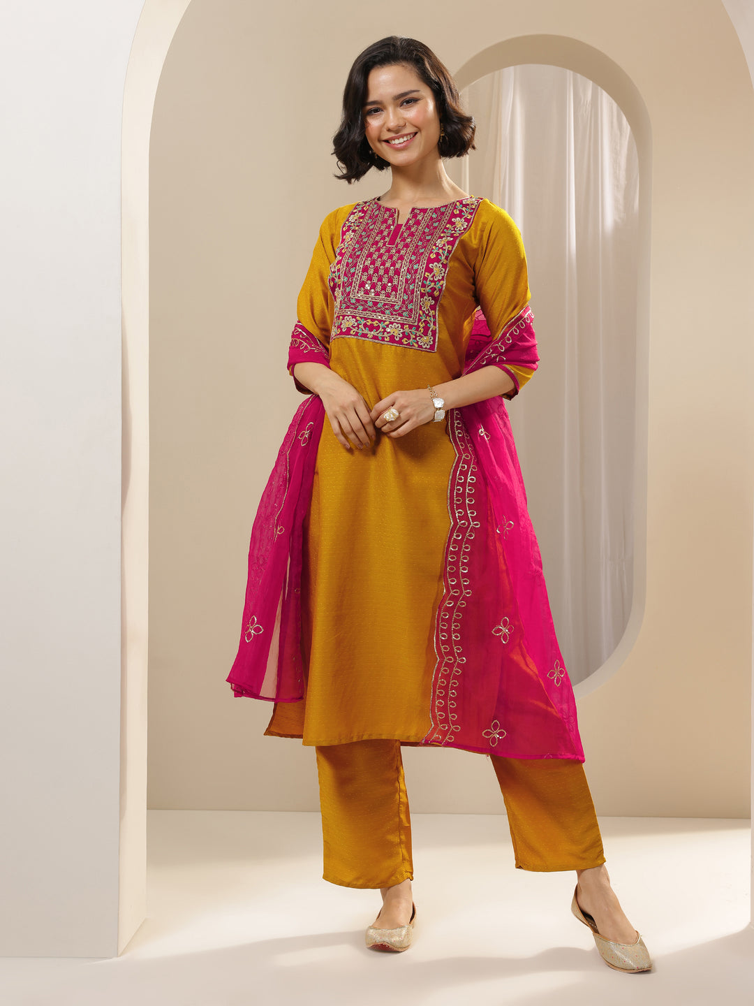 Mustard Embroidered Silk Blend Straight Suit Sets With Dupatta