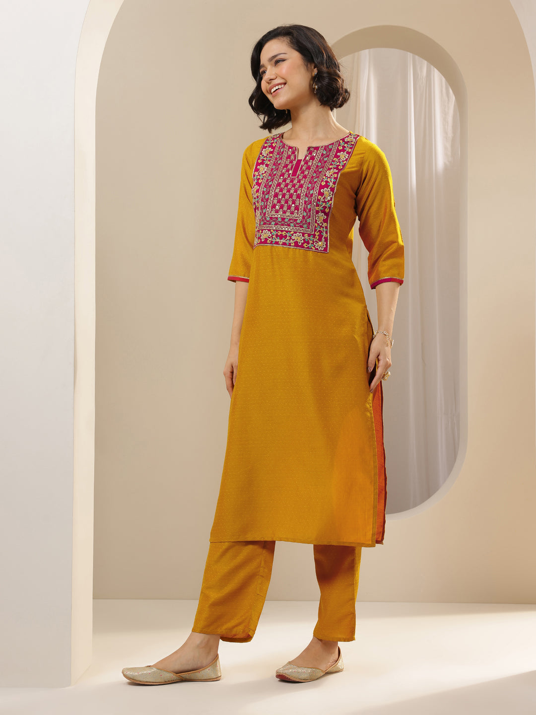 Mustard Embroidered Silk Blend Straight Suit Sets With Dupatta