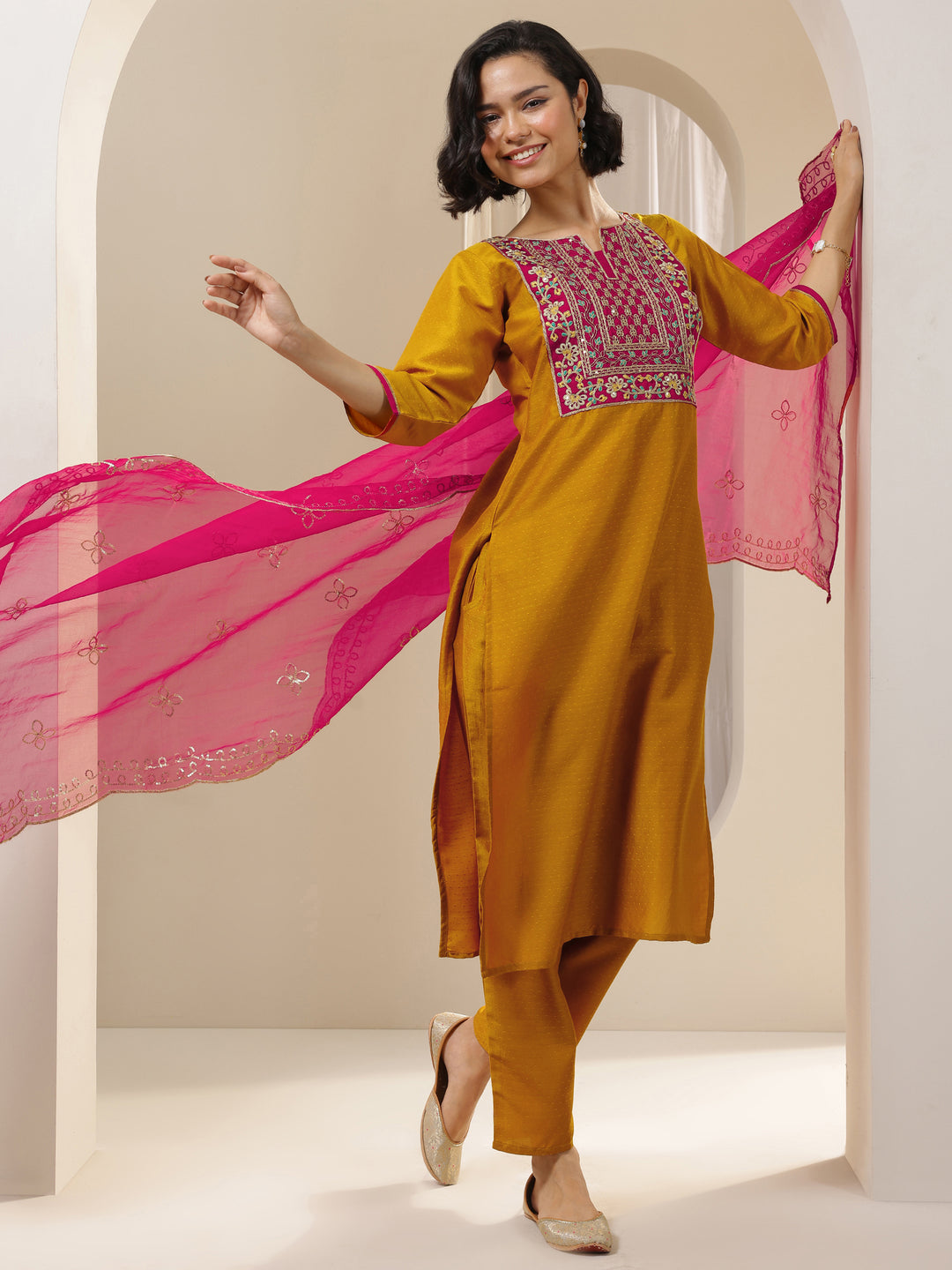 Mustard Embroidered Silk Blend Straight Suit Sets With Dupatta