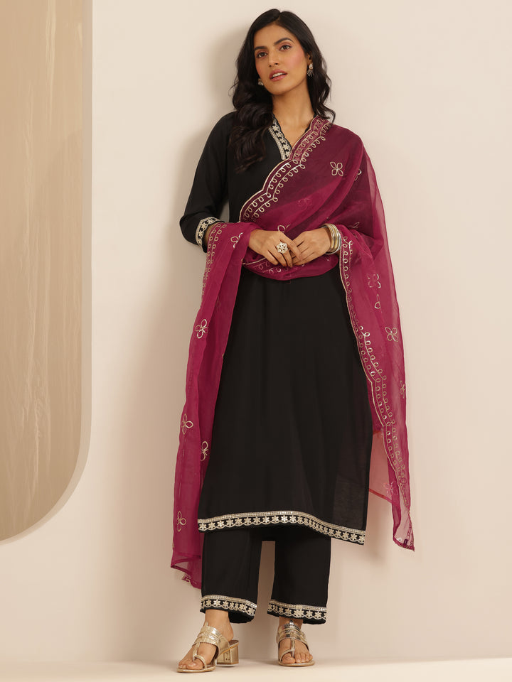 Black Solid Silk blend Straight Suit Set With Dupatta