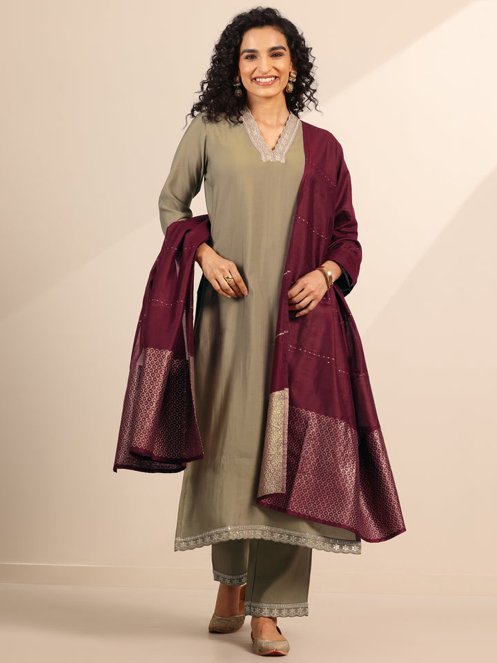 Golden Solid Silk Blend Straight Suit Set With Dupatta