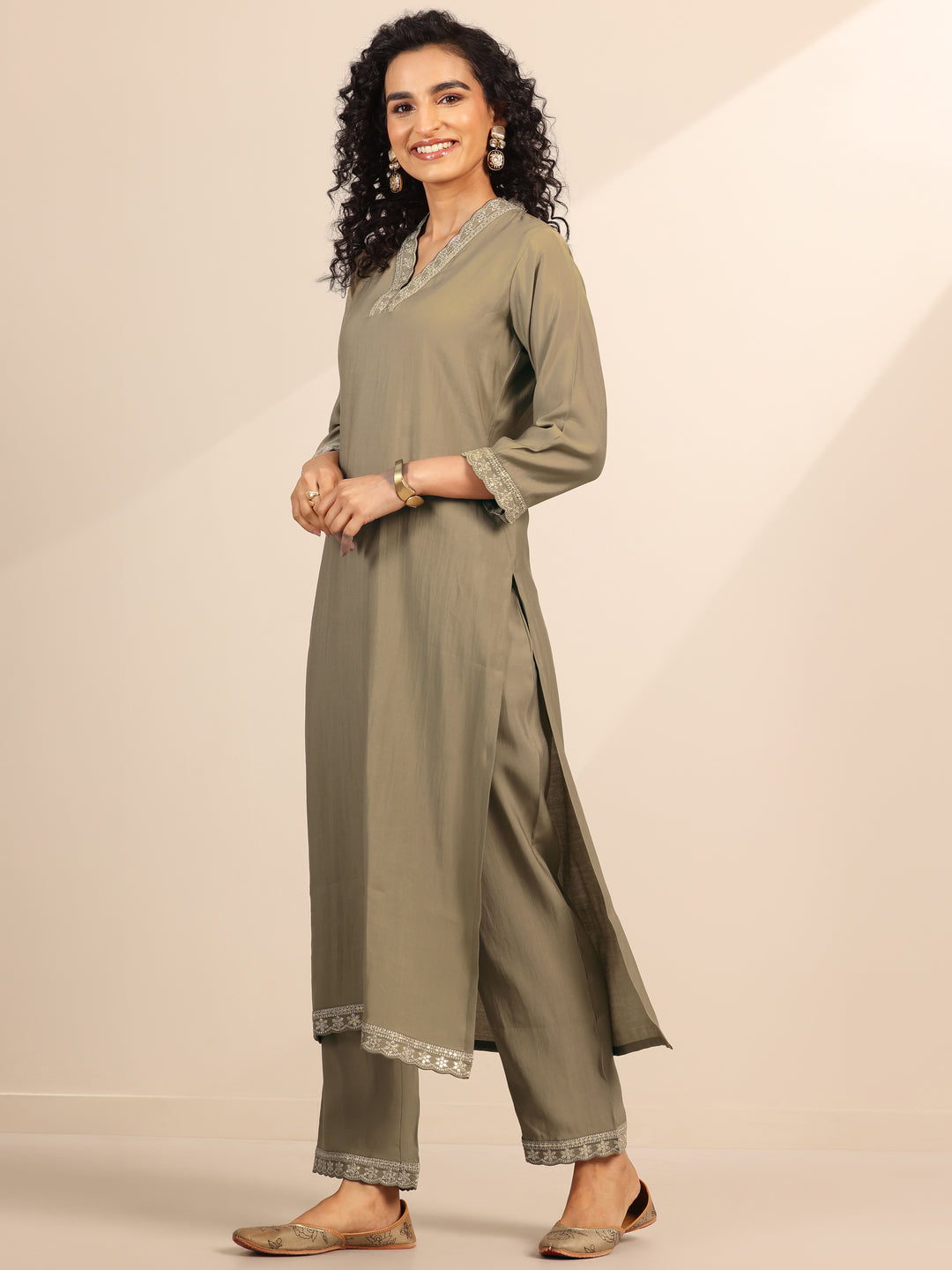 Golden Solid Silk Blend Straight Suit Set With Dupatta