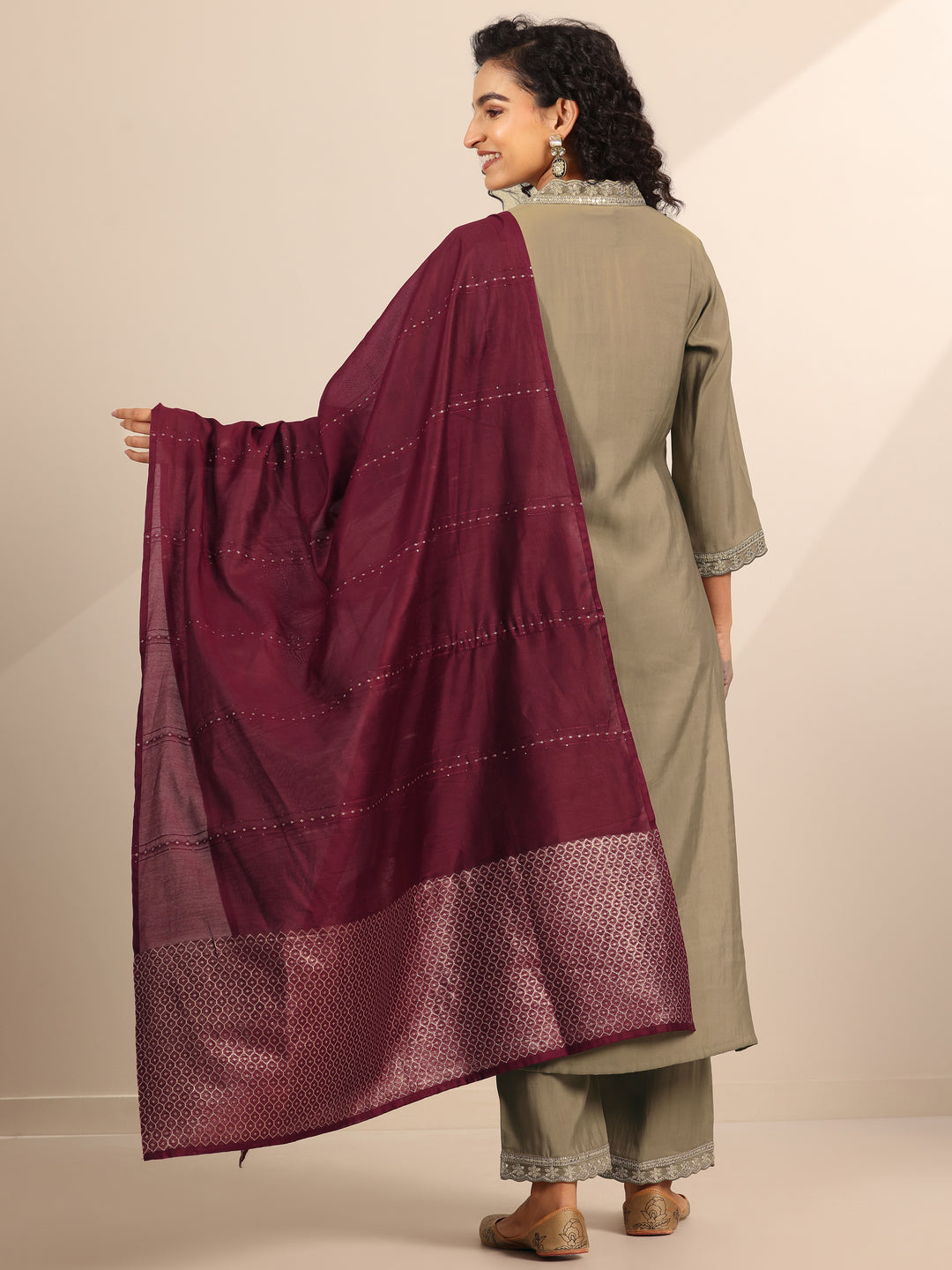 Golden Solid Silk Blend Straight Suit Set With Dupatta