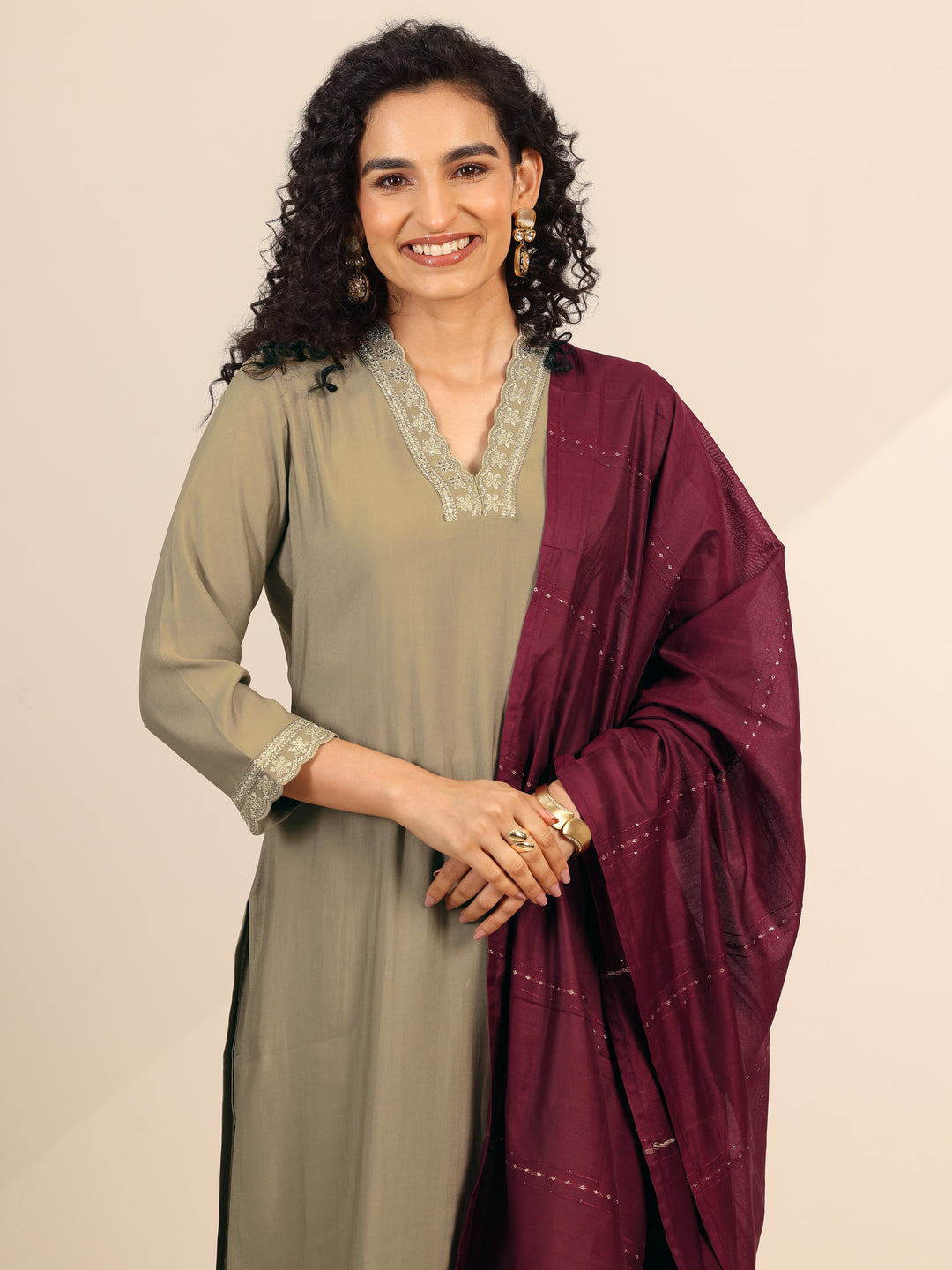 Golden Solid Silk Blend Straight Suit Set With Dupatta