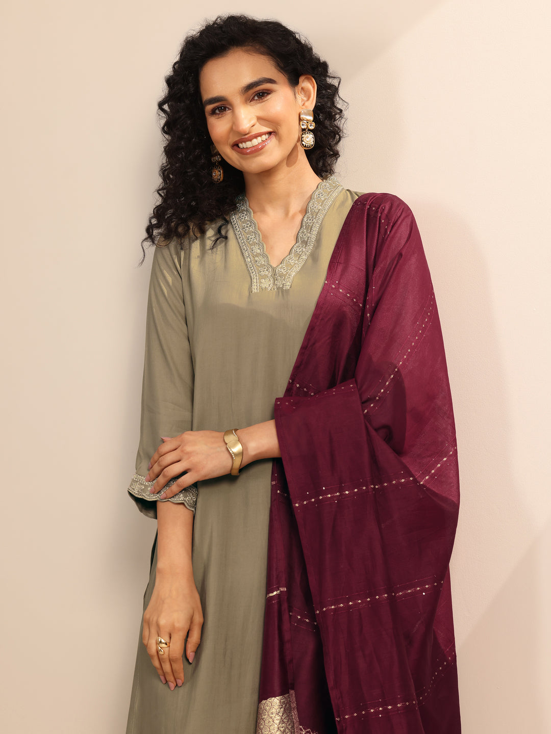 Golden Solid Silk Blend Straight Suit Set With Dupatta