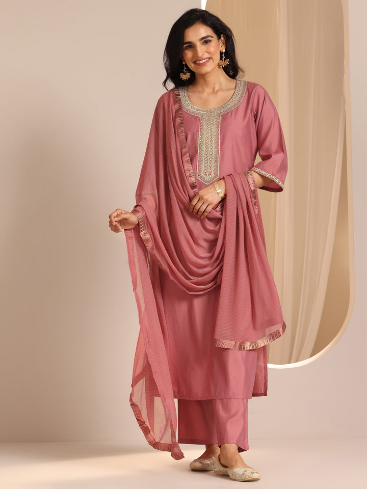 Peach Yoke Design Silk Blend Straight Suit Set With Dupatta