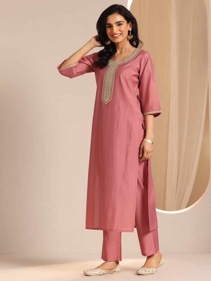 Peach Yoke Design Silk Blend Straight Suit Set With Dupatta
