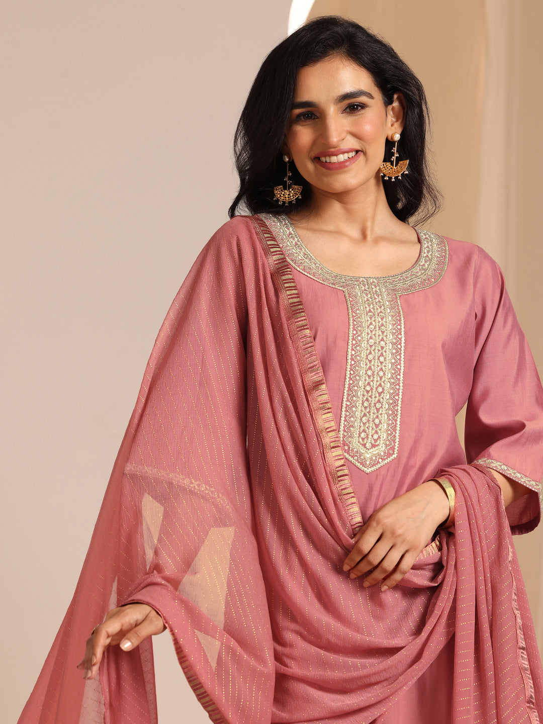 Peach Yoke Design Silk Blend Straight Suit Set With Dupatta