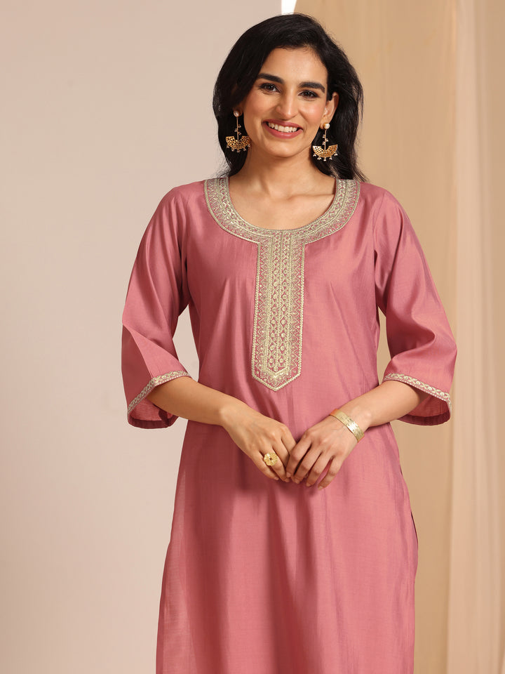 Peach Yoke Design Silk Blend Straight Suit Set With Dupatta