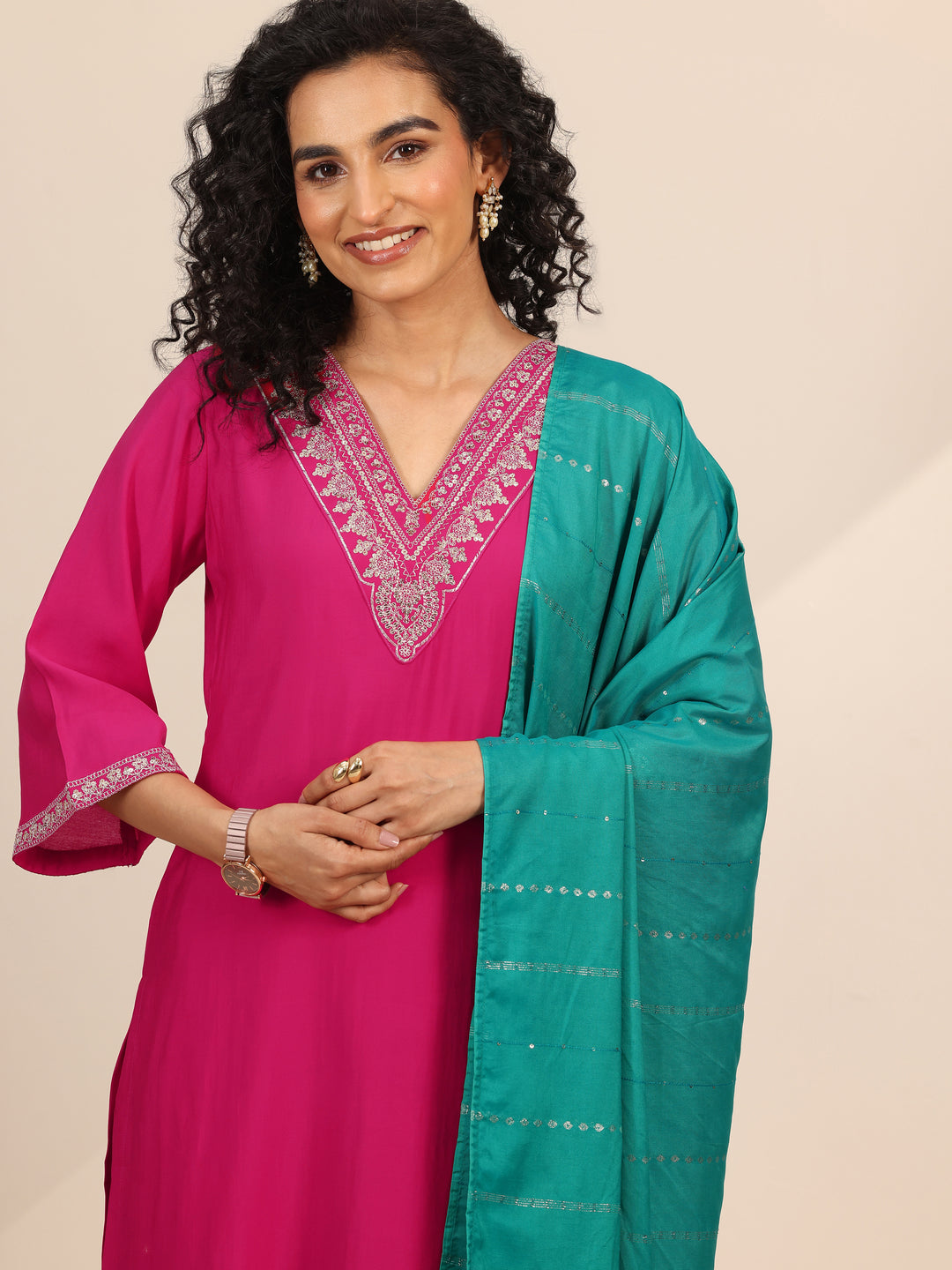 Pink Yoke Design Silk Blend Straight Suit Set With Dupatta