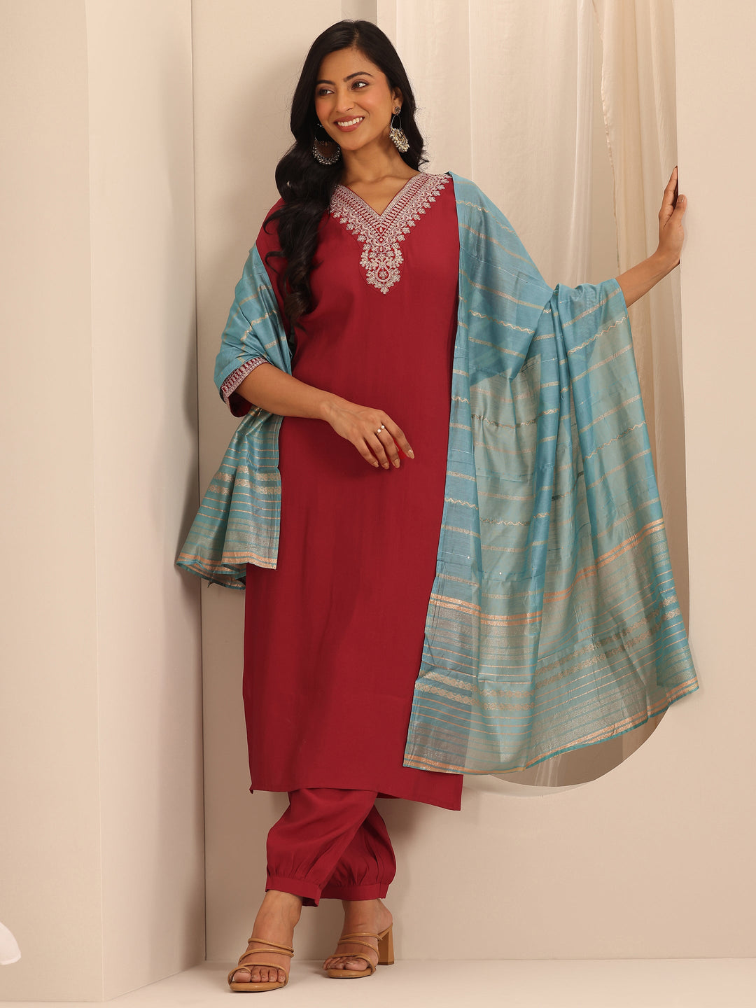 Red Yoke Design Silk Blend Straight Suit Set With Dupatta