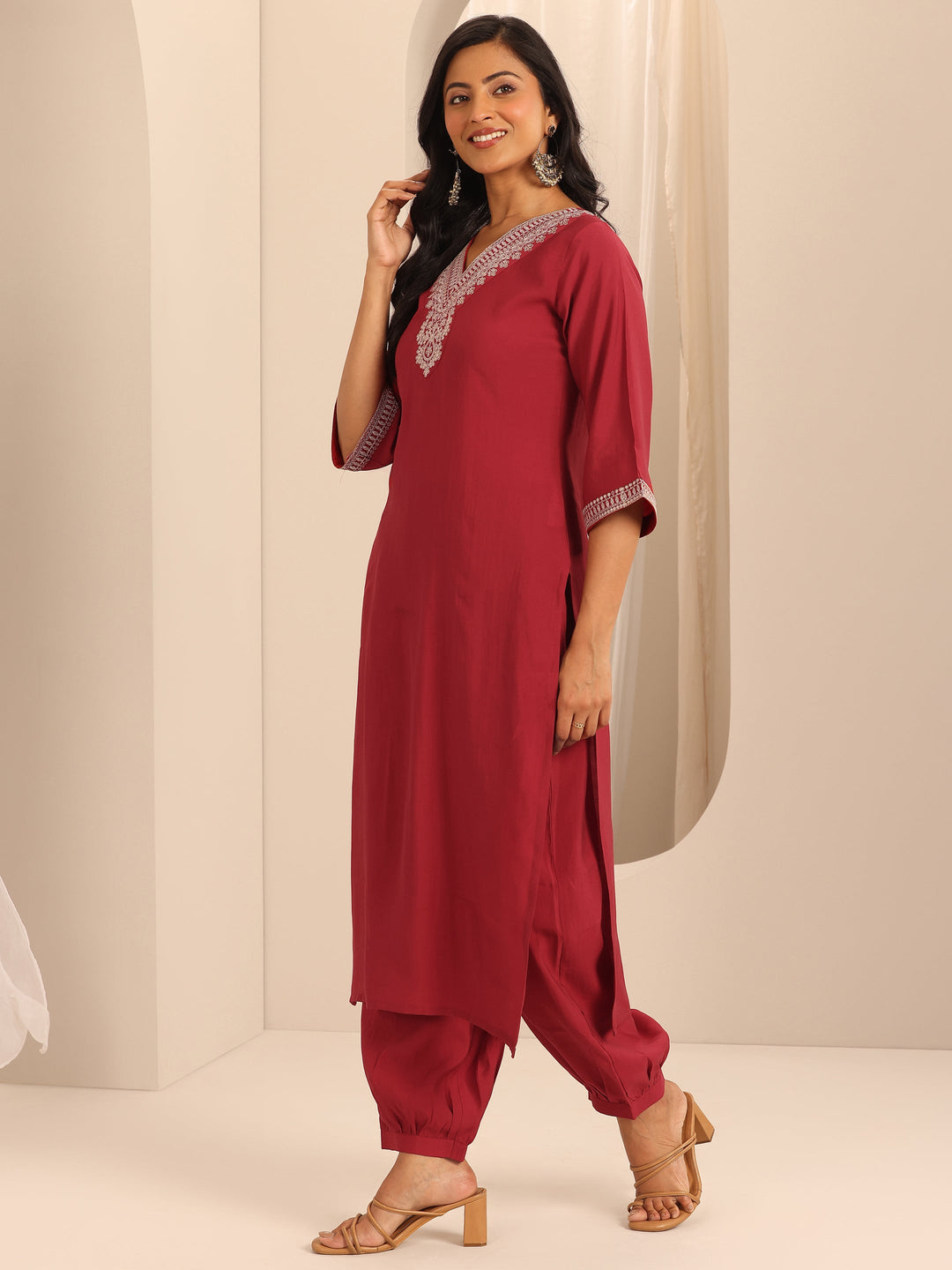Red Yoke Design Silk Blend Straight Suit Set With Dupatta