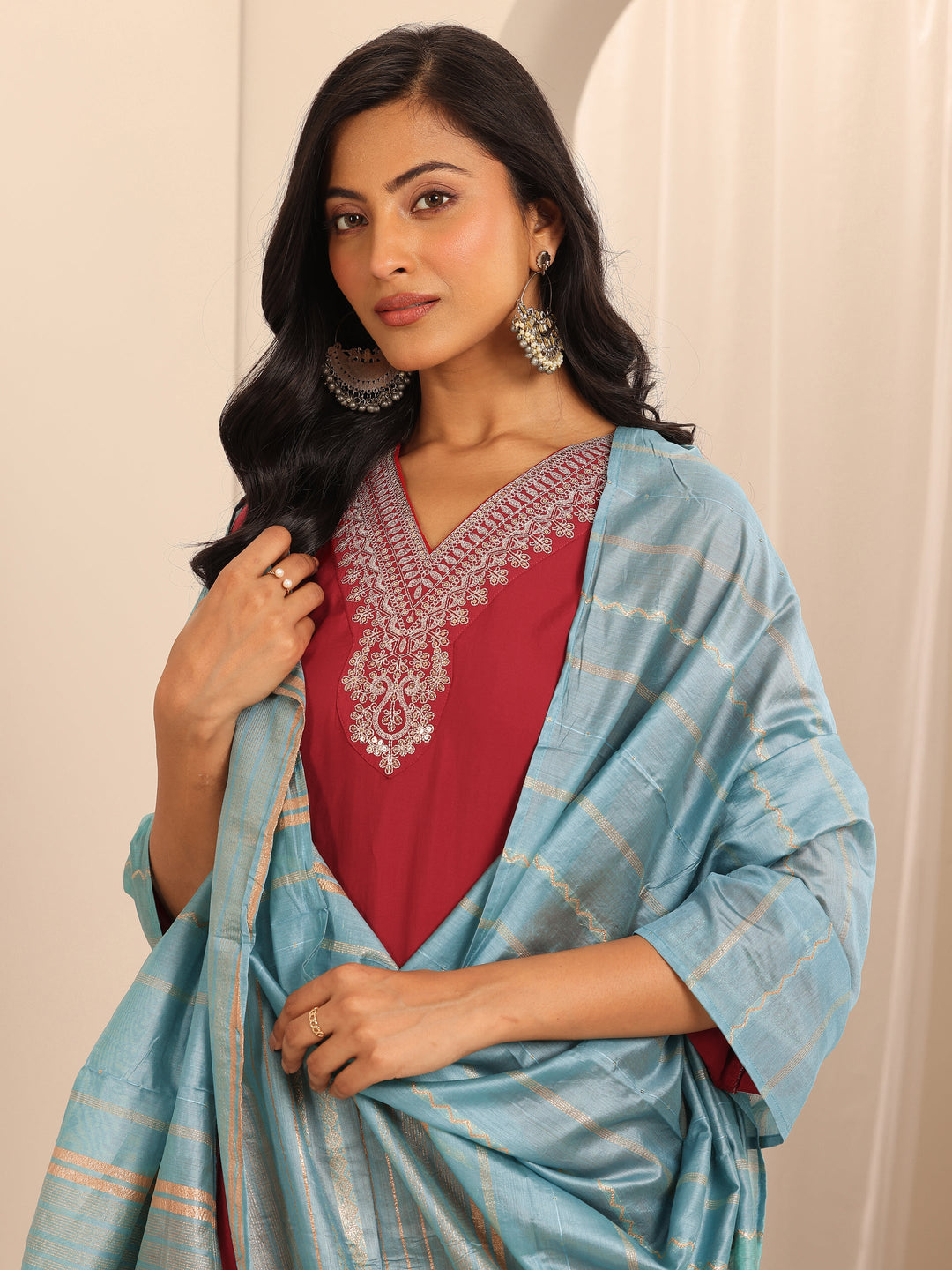 Red Yoke Design Silk Blend Straight Suit Set With Dupatta