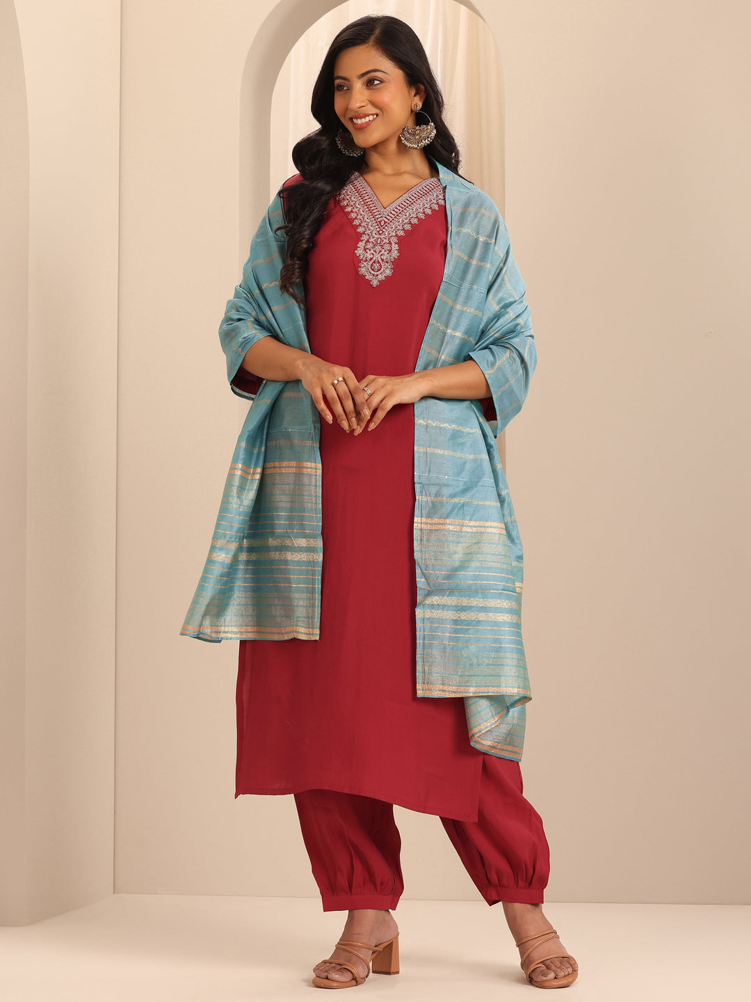 Red Yoke Design Silk Blend Straight Suit Set With Dupatta