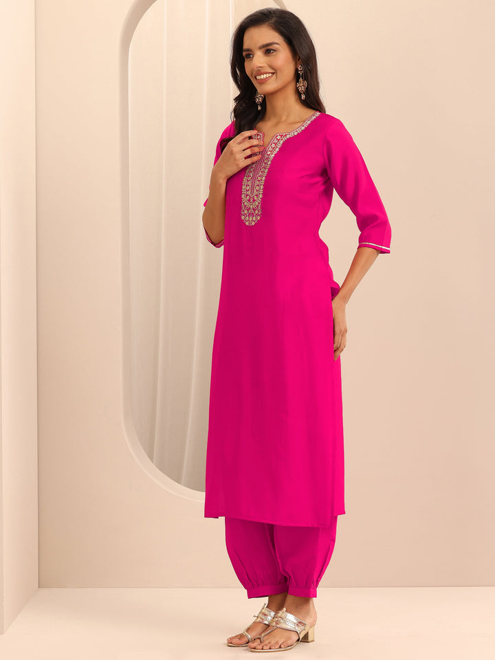 Pink Embellished Silk Blend Straight Suit Set With Dupatta