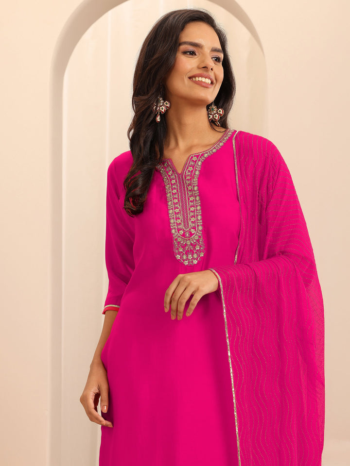 Pink Embellished Silk Blend Straight Suit Set With Dupatta