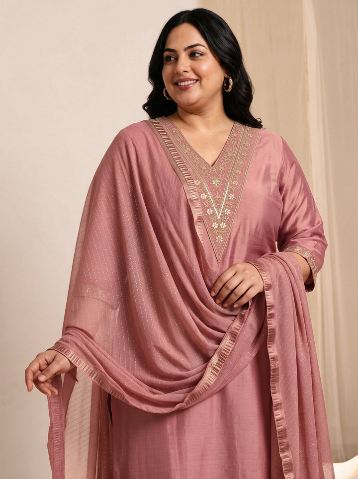 Plus Size Peach Yoke Design Embroidered Silk Blend Straight Suit Set