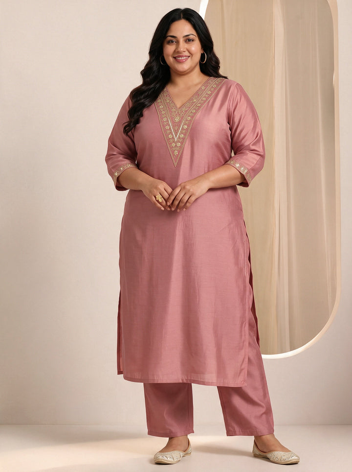 Plus Size Peach Yoke Design Embroidered Silk Blend Straight Suit Set