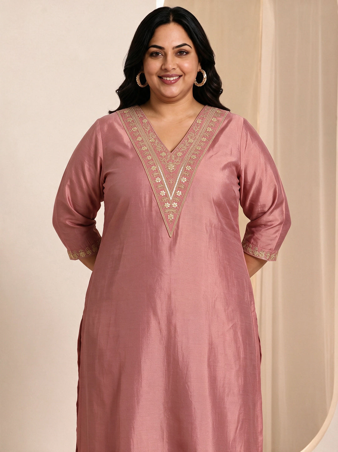 Plus Size Peach Yoke Design Embroidered Silk Blend Straight Suit Set