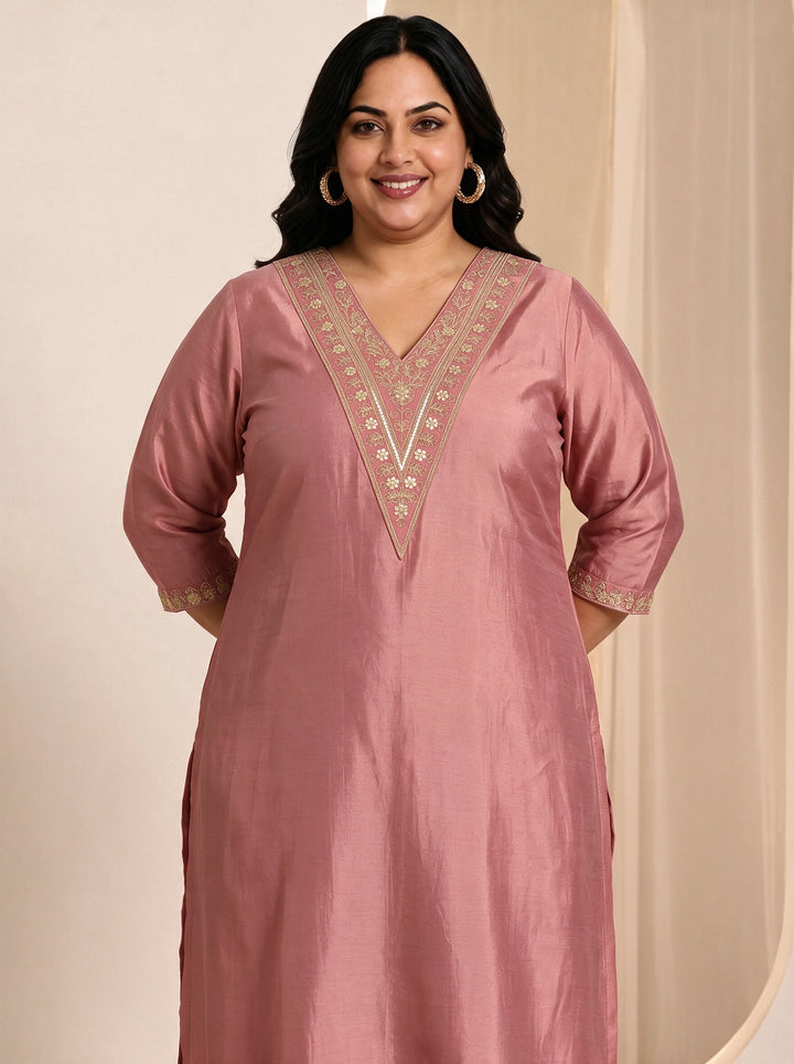Plus Size Peach Yoke Design Embroidered Silk Blend Straight Suit Set