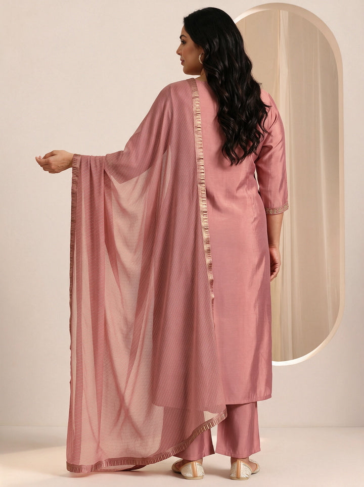 Plus Size Peach Yoke Design Embroidered Silk Blend Straight Suit Set