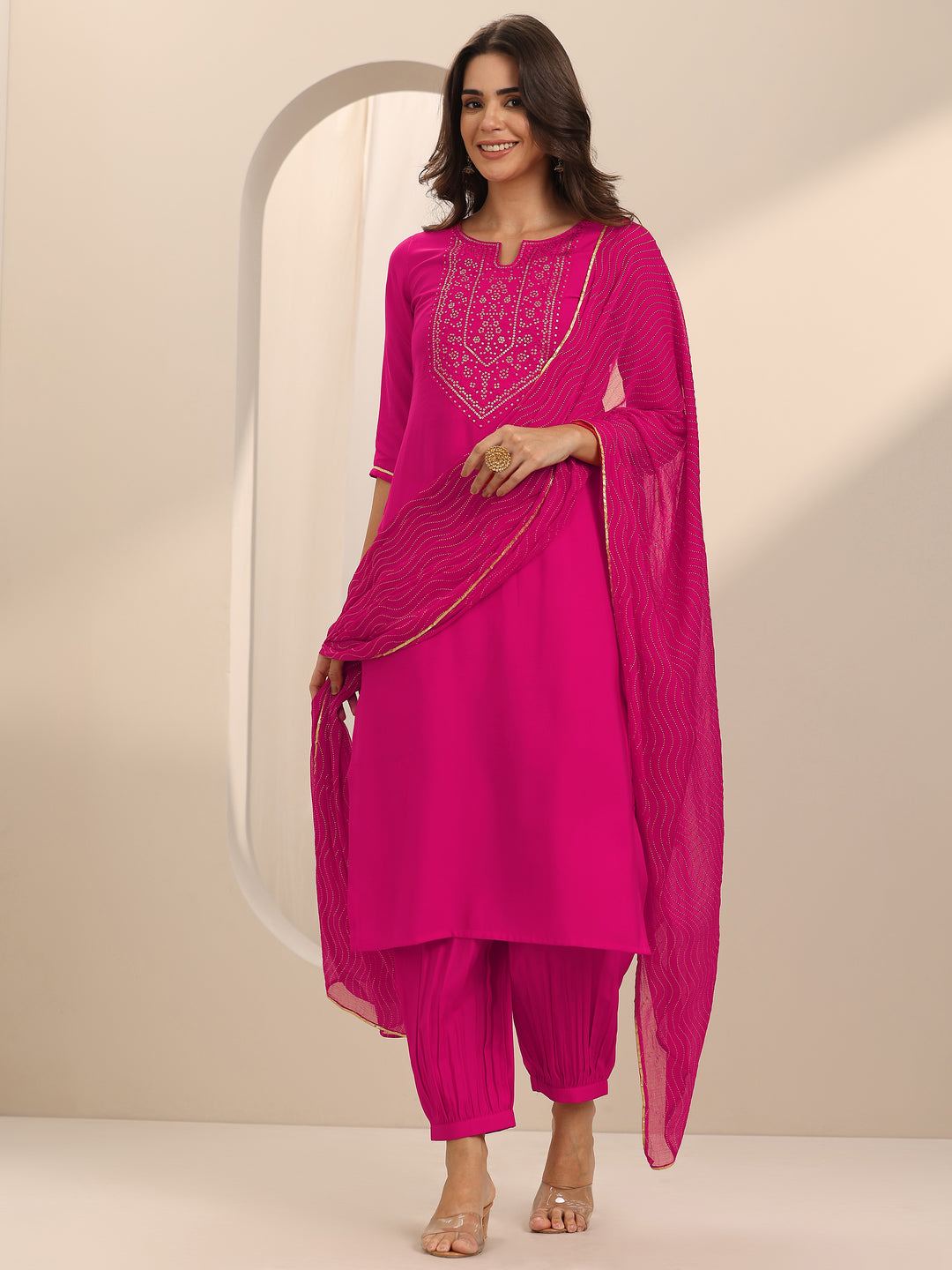 Pink Yoke Design Silk Blend Straight Suit Set With Dupatta