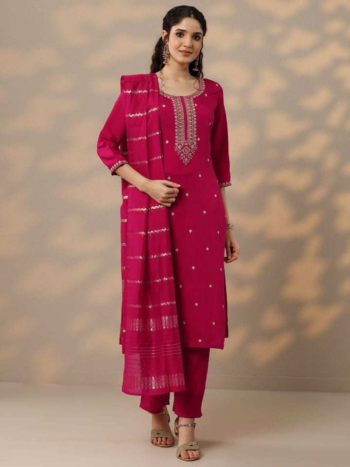 Pink Embroidered Silk Blend Straight Suit Set With Dupatta