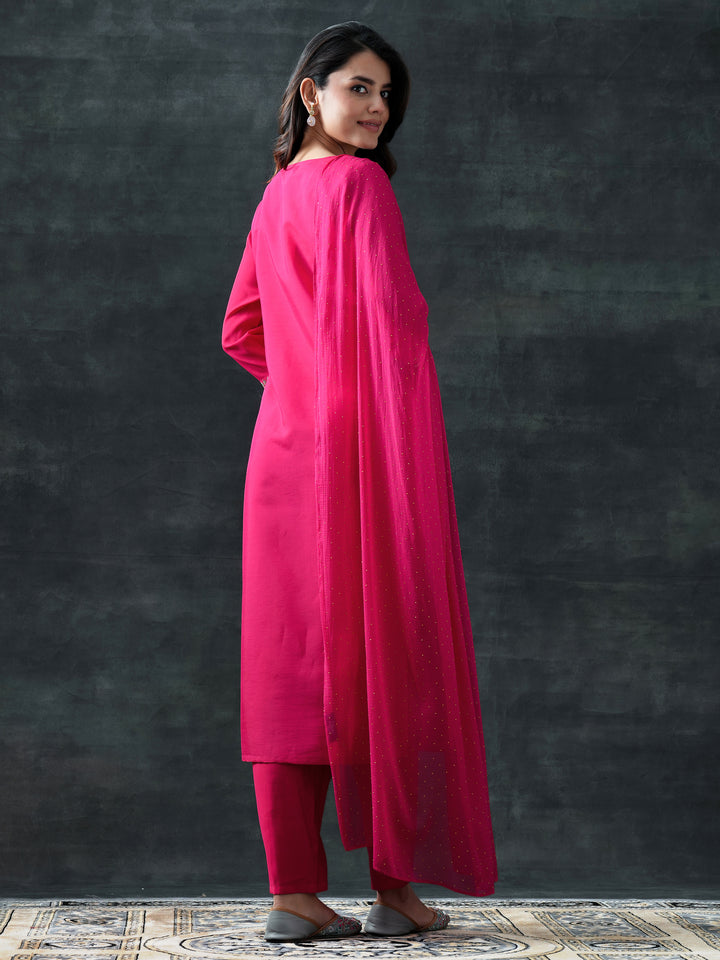 Pink Embroidered Silk Blend Straight Suit Set With Dupatta