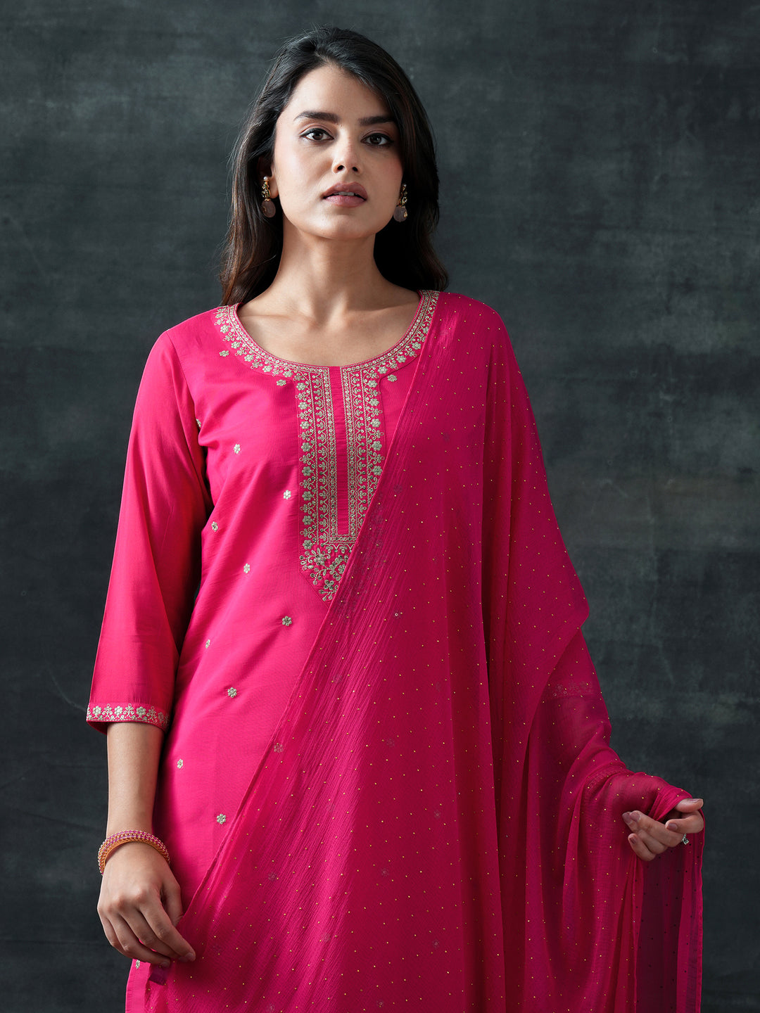 Pink Embroidered Silk Blend Straight Suit Set With Dupatta