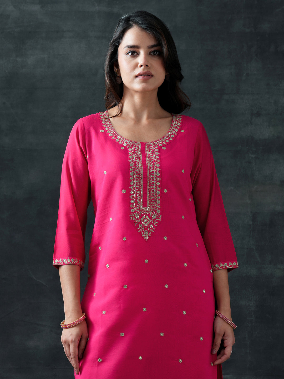 Pink Embroidered Silk Blend Straight Suit Set With Dupatta