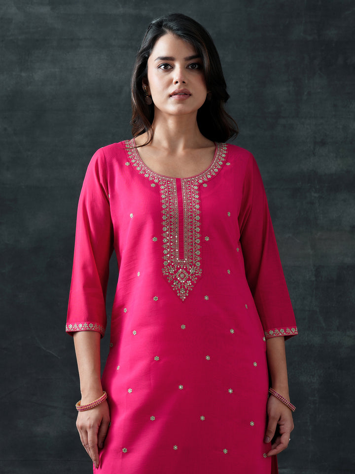 Pink Embroidered Silk Blend Straight Suit Set With Dupatta