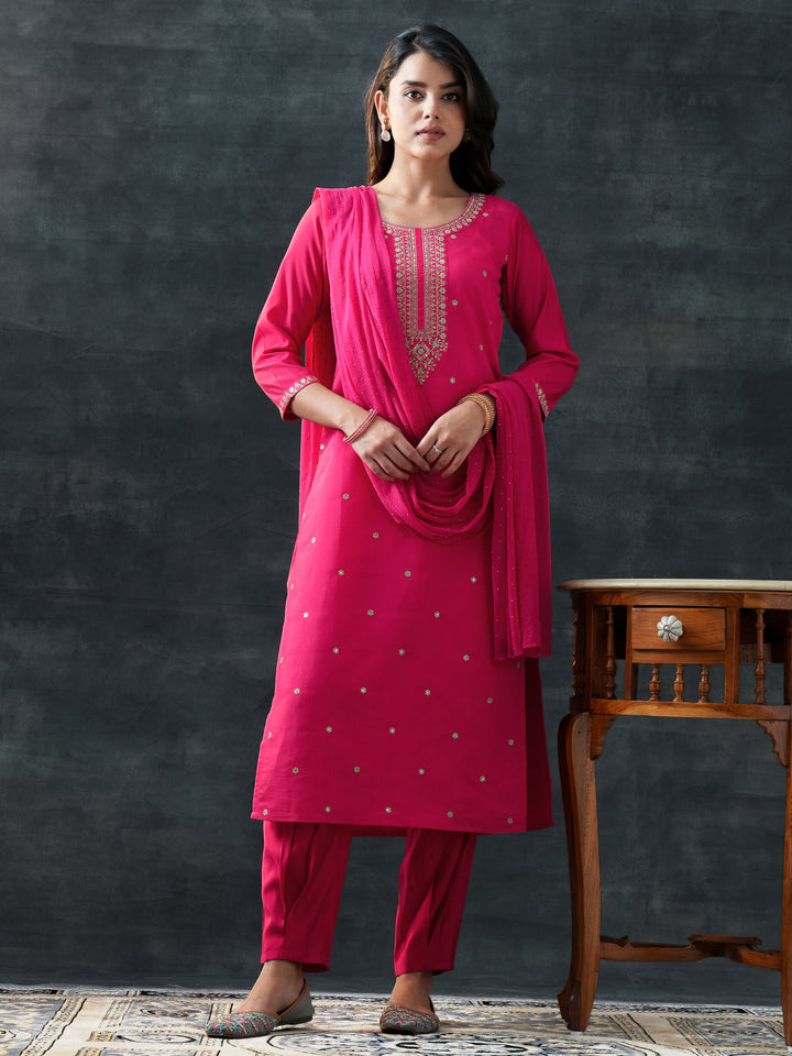 Pink Embroidered Silk Blend Straight Suit Set With Dupatta