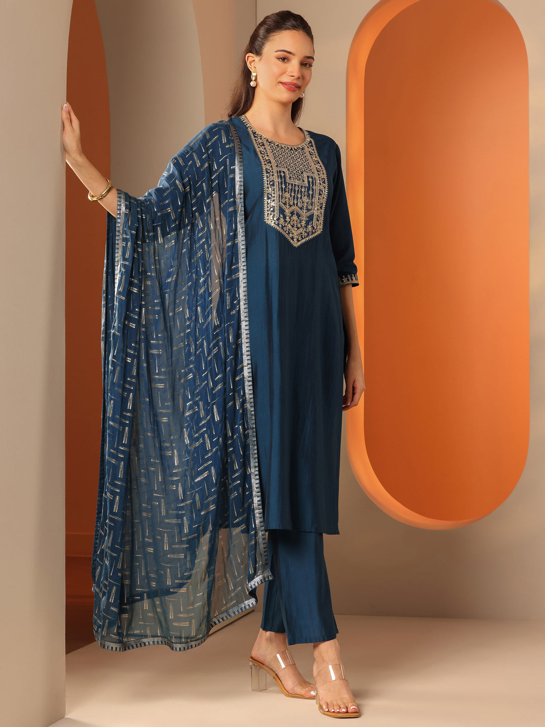 Blue Embroidered Silk Blend Straight Suit Set With Dupatta