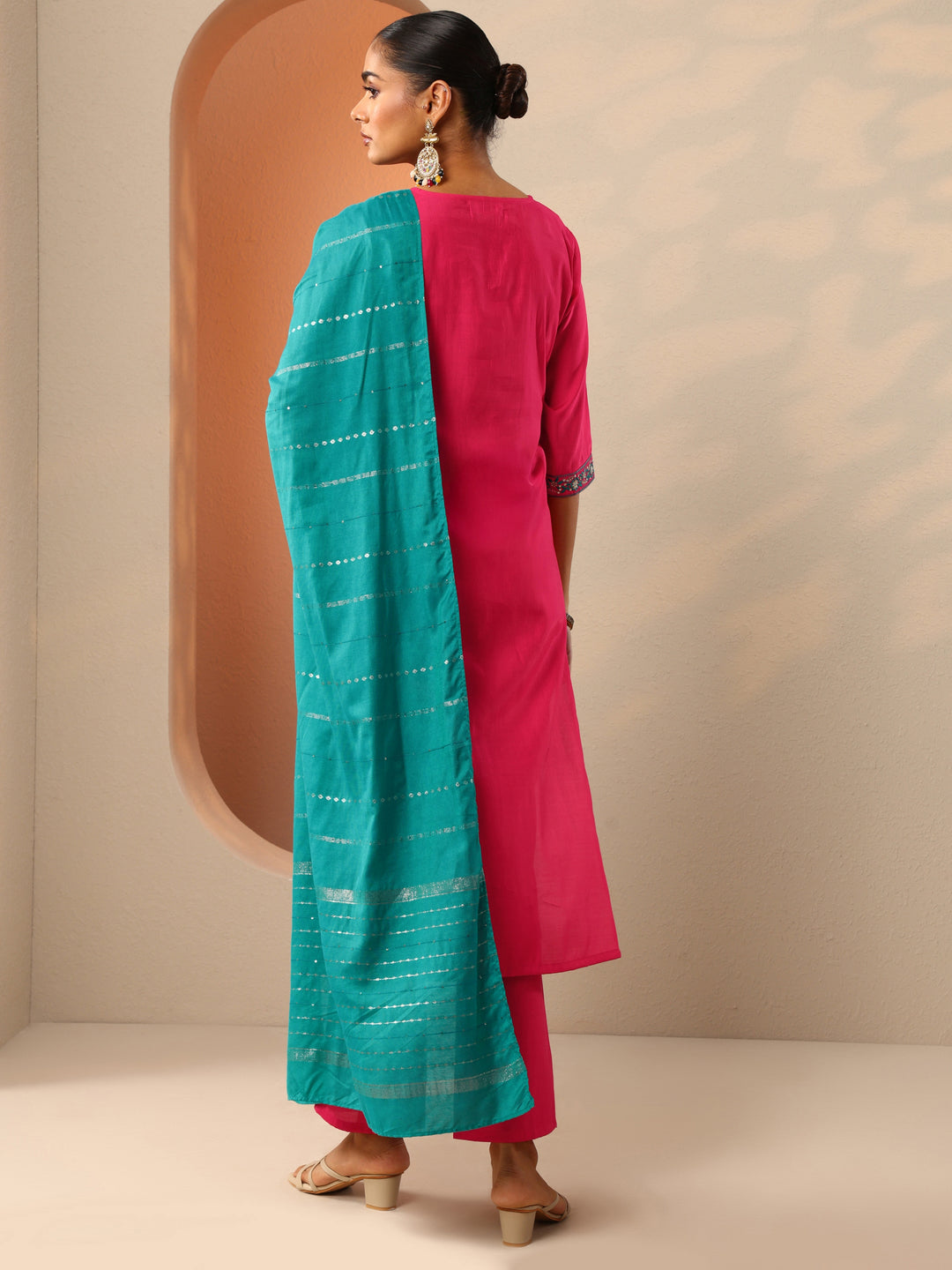 Red Embroidered Silk Blend Straight Suit Set With Dupatta