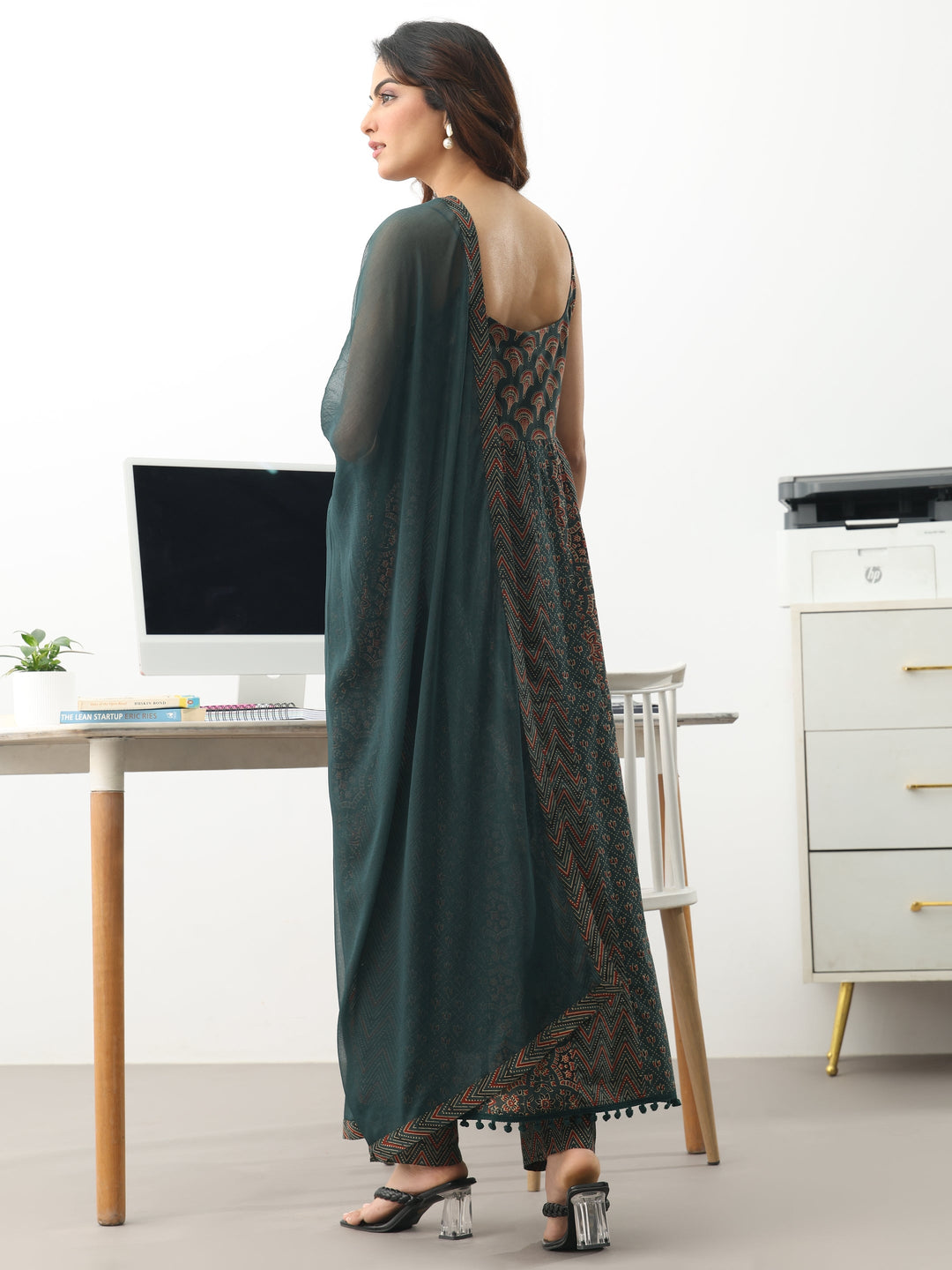 Green Ethnic Motifs Printed Cotton Blend A-Line Suit Set With Dupatta