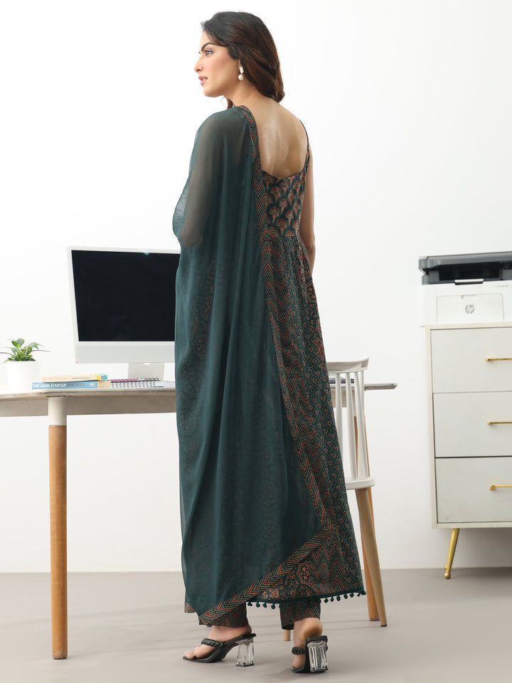 Green Ethnic Motifs Printed Cotton Blend A-Line Suit Set With Dupatta