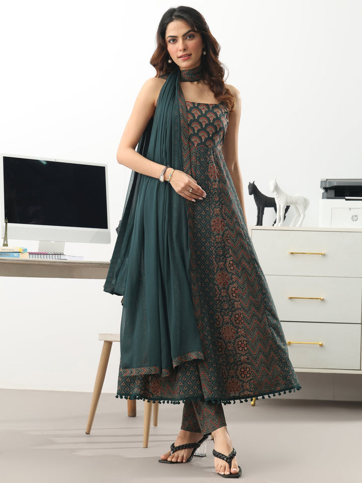 Green Ethnic Motifs Printed Cotton Blend A-Line Suit Set With Dupatta
