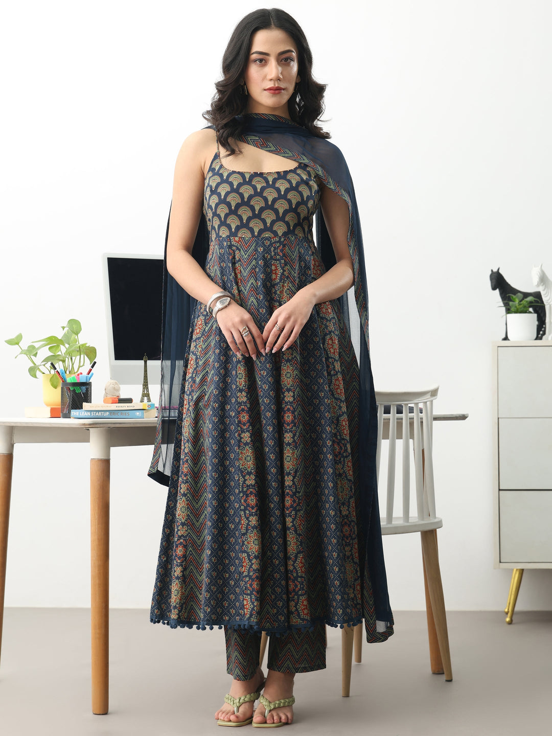 Blue Ethnic Motifs Printed Cotton Blend A-Line Suit Set With Dupatta