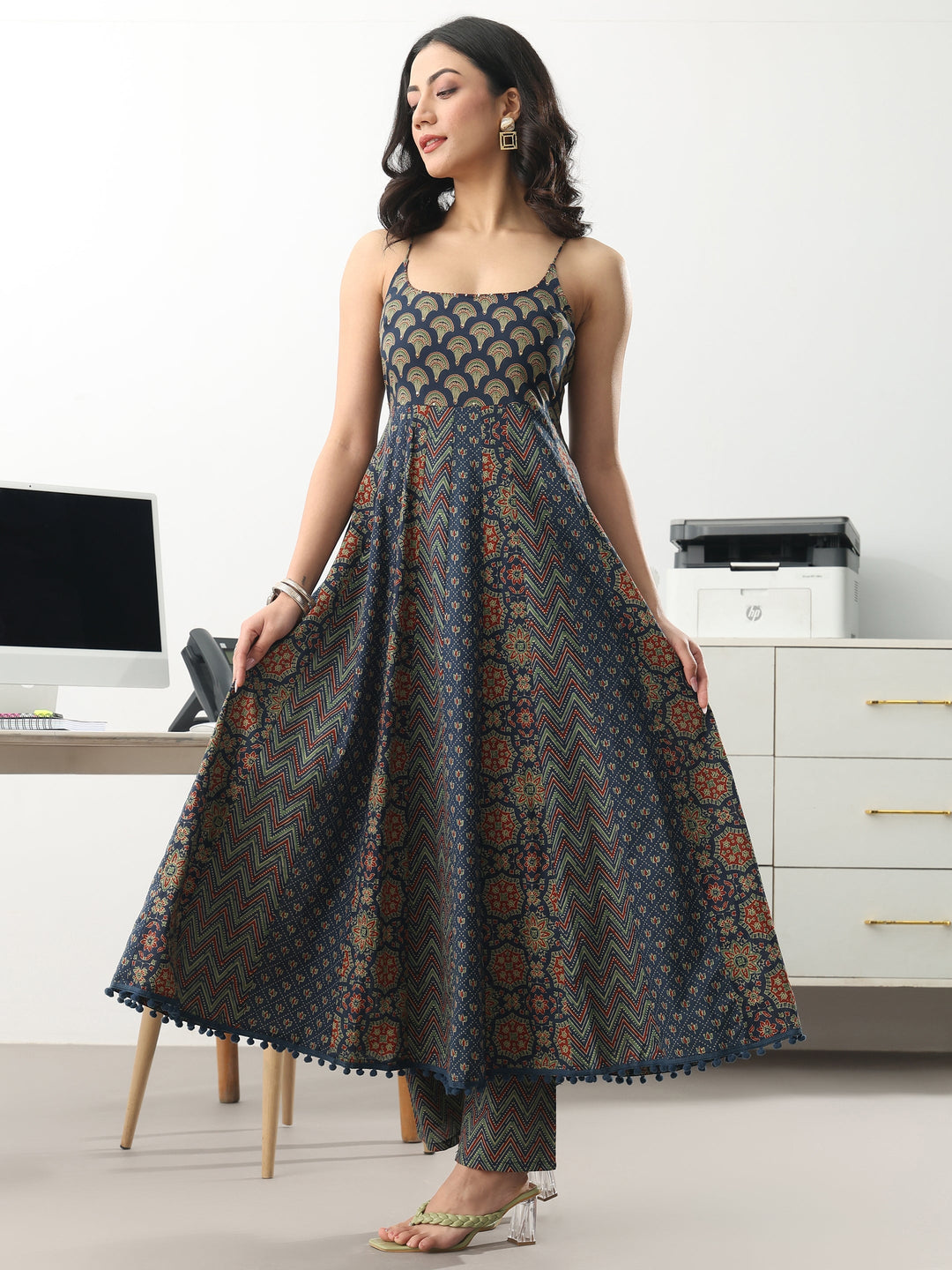 Blue Ethnic Motifs Printed Cotton Blend A-Line Suit Set With Dupatta