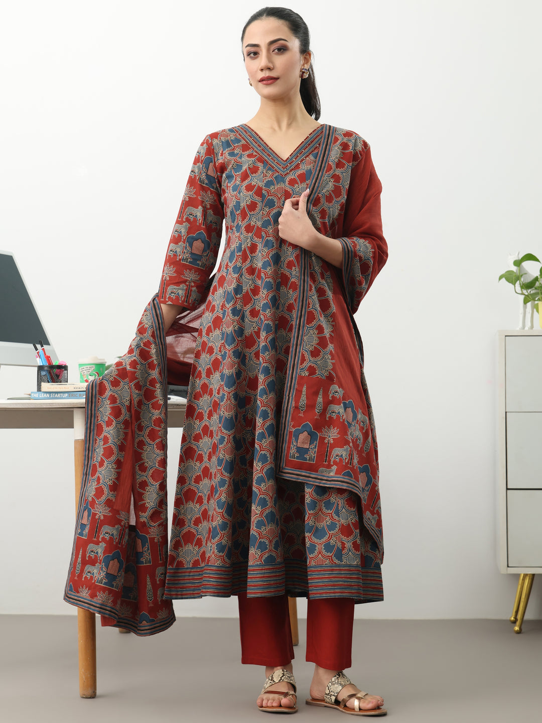 Multi Printed Cotton Blend A-Line Suit Set With Dupatta