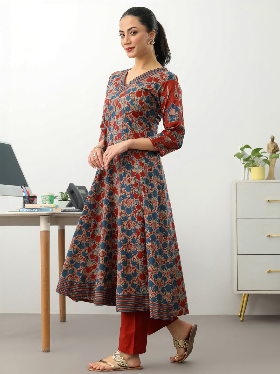 Multi Printed Cotton Blend A-Line Suit Set With Dupatta