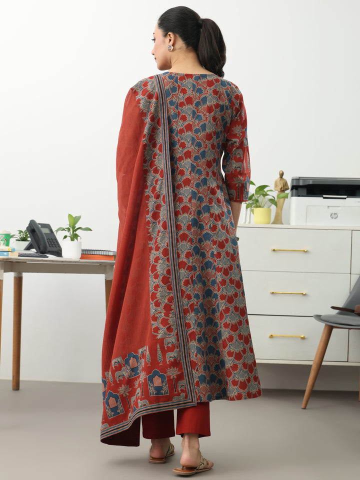 Multi Printed Cotton Blend A-Line Suit Set With Dupatta