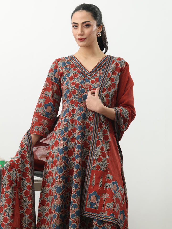 Multi Printed Cotton Blend A-Line Suit Set With Dupatta