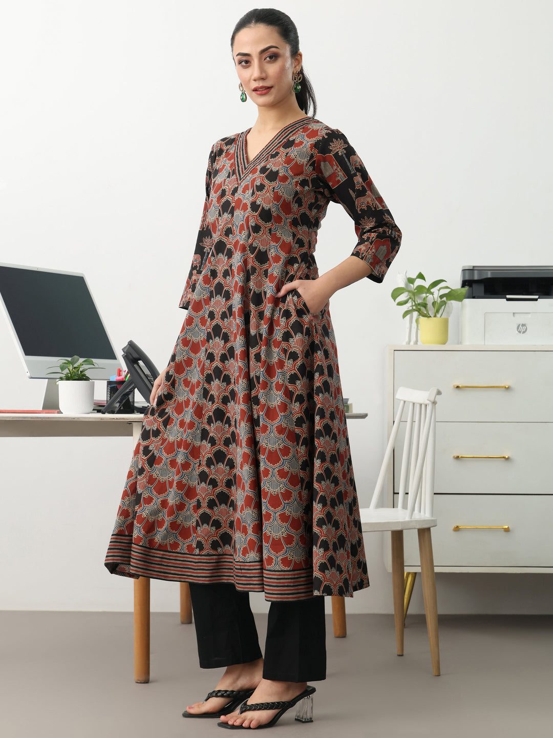 Multi Ethnic Motifs Printed Cotton Blend A-Line Suit Set With Dupatta